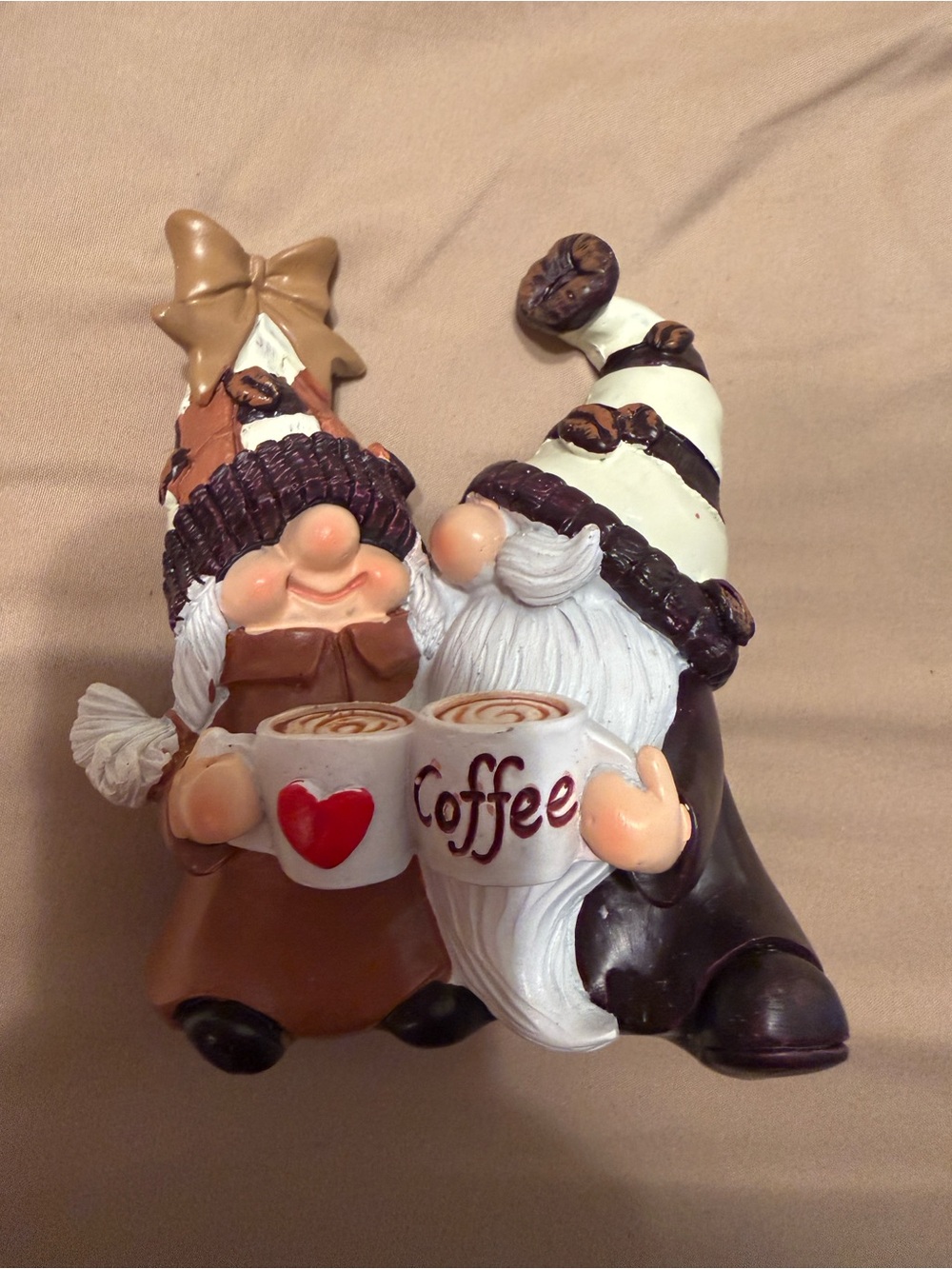 Ceramic Gnome Couple Figurines with Coffee Mugs - Brown & White